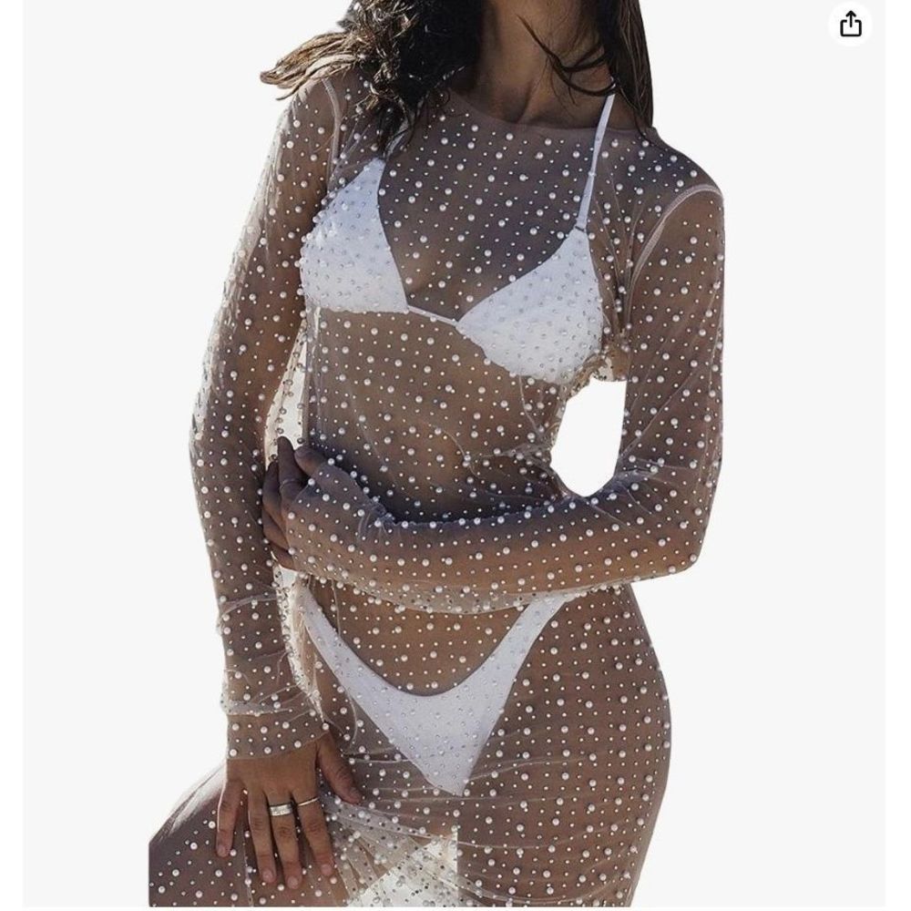 Honganda Sexy Women's Sheer Mesh Pearl Rhinestone Cover Up Dress Beach Swimwear